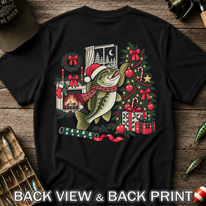 Christmas Bass Fishing Fireplace Tree Graphic T-Shirt | Back Print