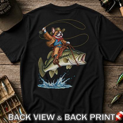 French Bulldog Cowboy Riding a Bass Fishing Graphic T-Shirt | Back Print