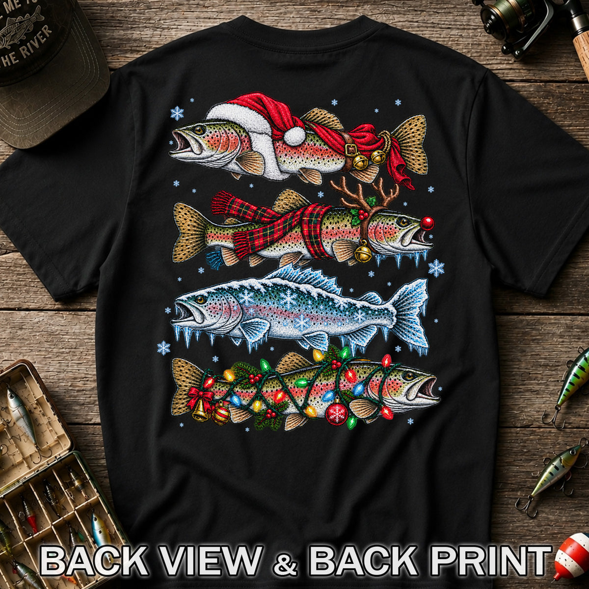 Christmas Rainbow Trout Holiday Fishing Graphic T-Shirt | Back Print