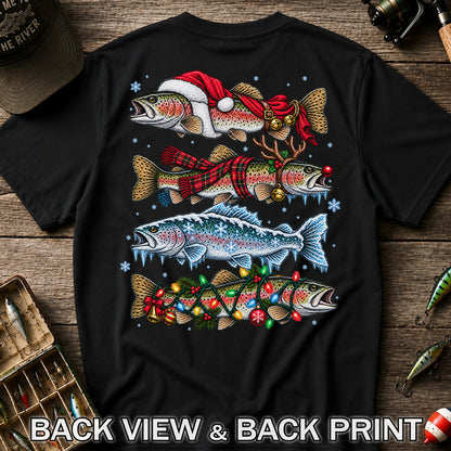 Christmas Rainbow Trout Holiday Fishing Graphic T-Shirt | Back Print