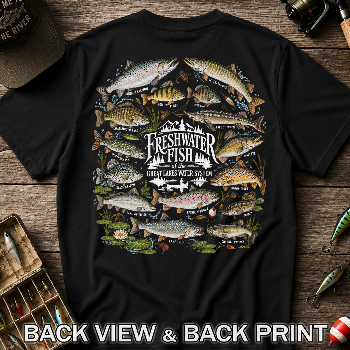 Freshwater Fish of the Great Lakes Water System Graphic T-Shirt | Back Print