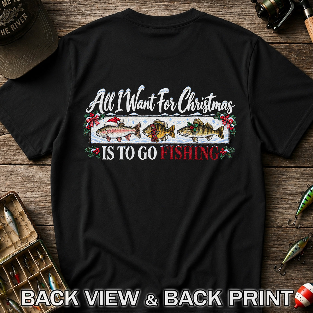 Christmas Freshwater Fish Fishing Graphic T-Shirt | Back Print