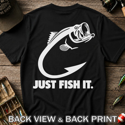 Just Fish It Bass and Fishing Hook Graphic T-Shirt | Back Print