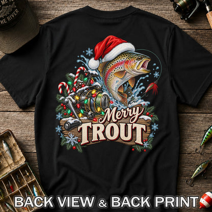 Merry Trout Christmas Rainbow Trout and Fishing Reel T-Shirt | Back Print