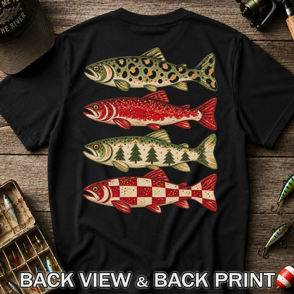 Four Seasonal Trout Patterns Christmas Fishing Graphic T-Shirt | Back Print