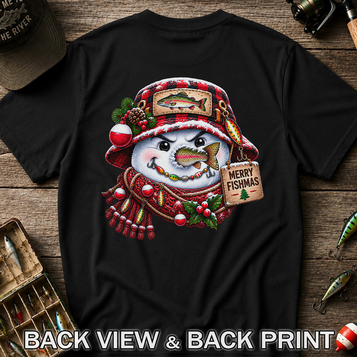 Merry Fishmas Snowman with Rainbow Trout Christmas Fishing T-Shirt | Back Print