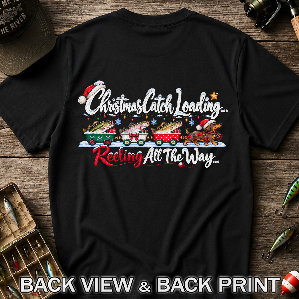 Christmas Fishing Train with Trout and Dog Graphic T-Shirt | Back Print