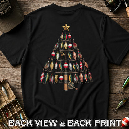 Fishing Lure Christmas Tree with Rod and Reel Graphic T-Shirt | Back Print