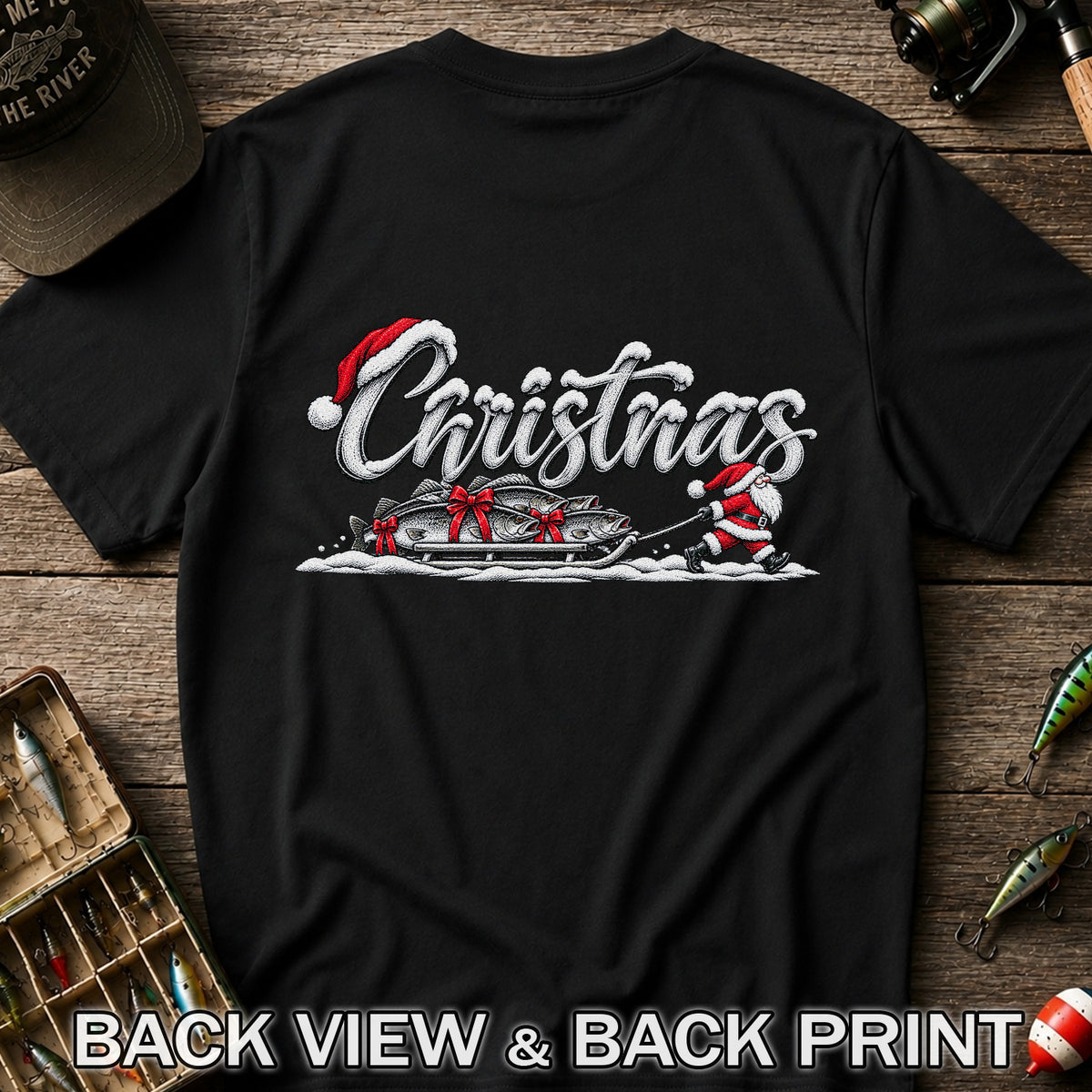 Christmas Santa Pulling Trout Fishing Sled Graphic T-Shirt | Back Print