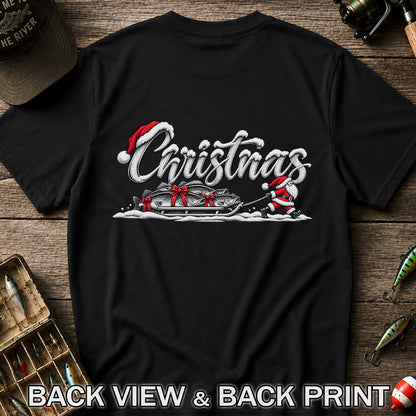 Christmas Santa Pulling Trout Fishing Sled Graphic T-Shirt | Back Print