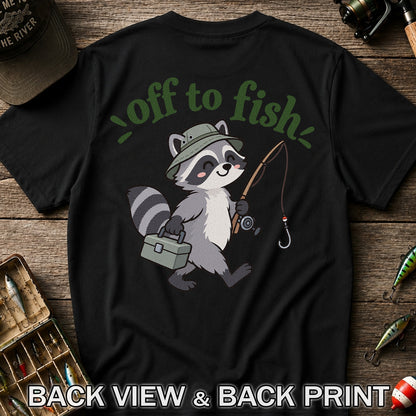 Off to Fish Cute Raccoon with Fishing Rod Graphic T-Shirt | Back Print