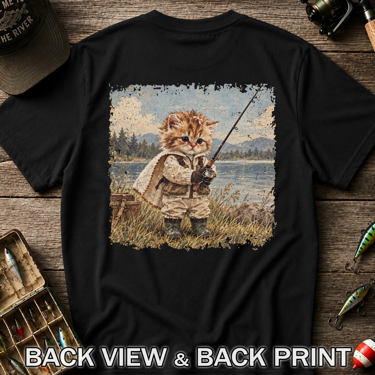 Vintage Kitten Fishing by the Lake Cute Cat Graphic T-Shirt | Back Print