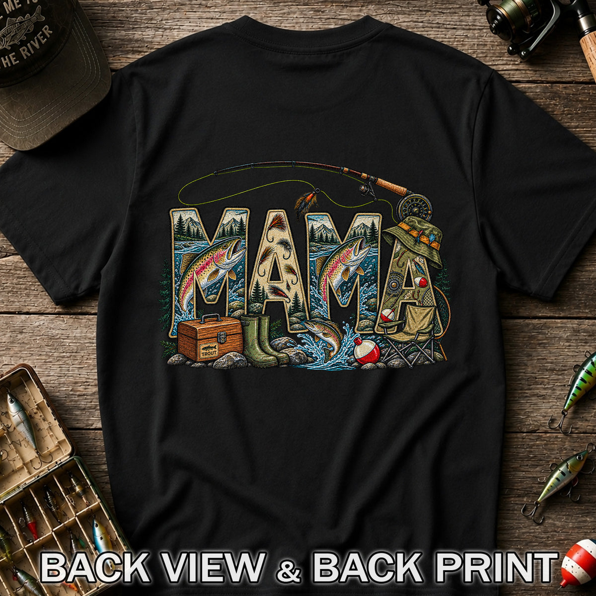 Mama Rainbow Trout Fly Fishing Vintage Graphic T-Shirt | Back Print