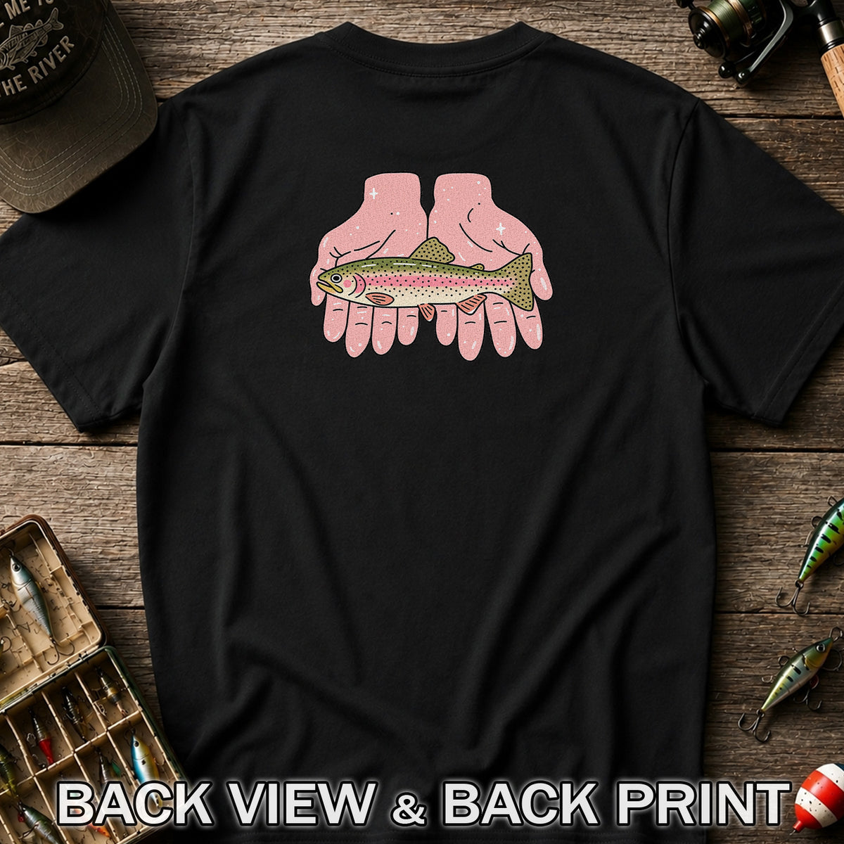 Rainbow Trout Held in Pink Hands Fishing Graphic T-Shirt | Back Print