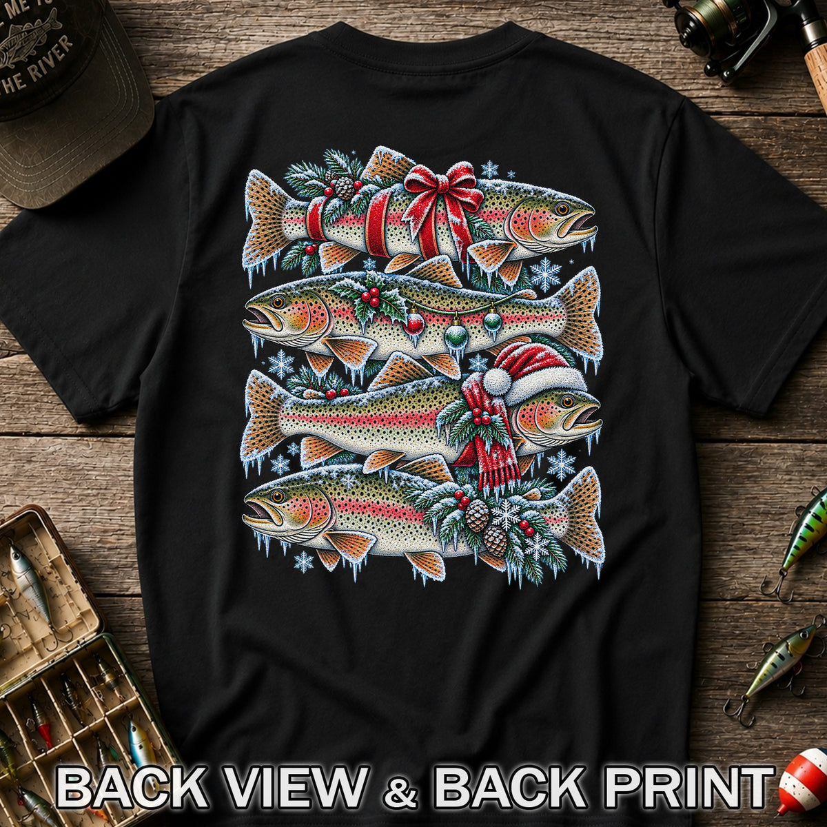 Festive Rainbow Trout Christmas Fishing Graphic T-Shirt | Back Print
