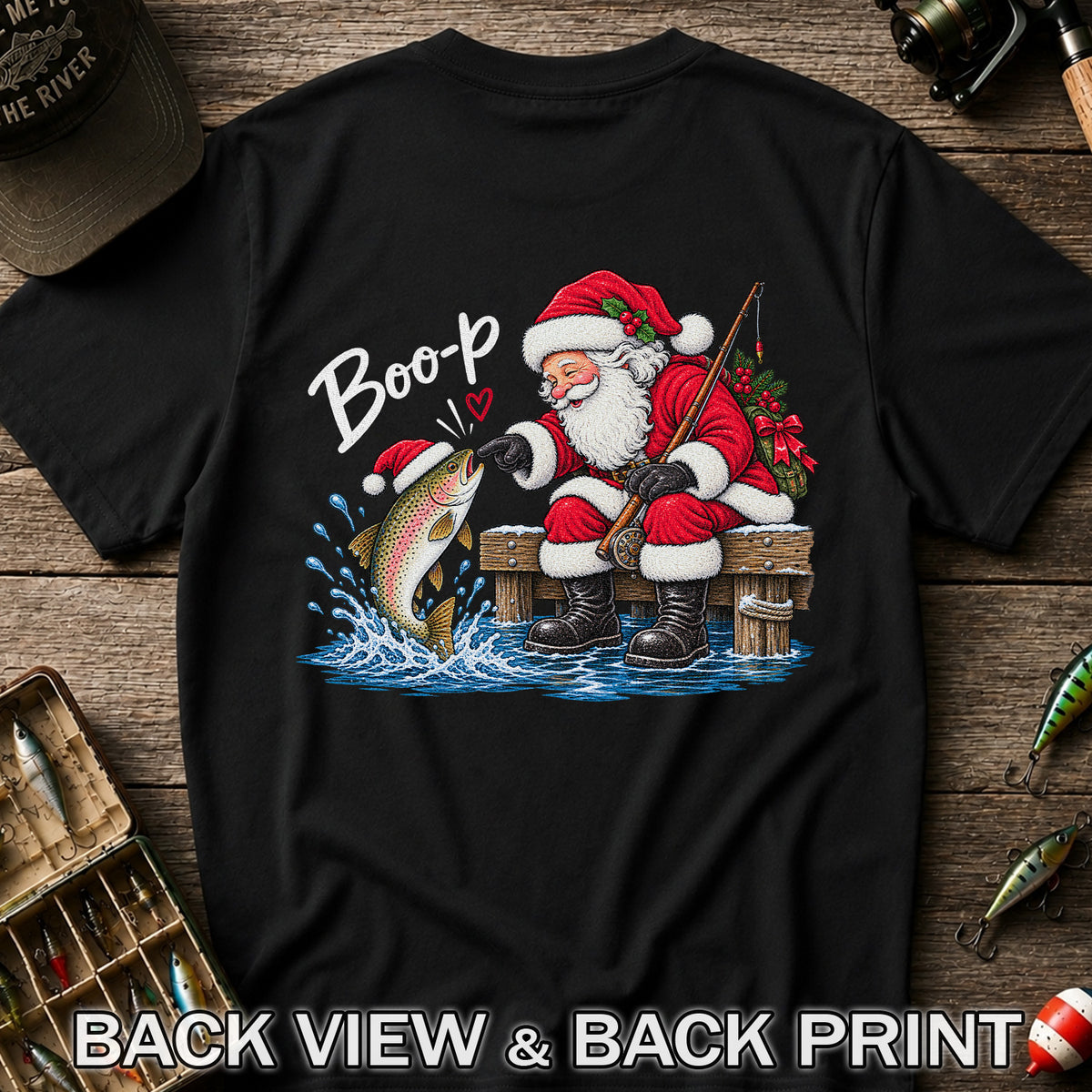 Santa Fishing for Rainbow Trout Christmas Graphic T-Shirt | Back Print