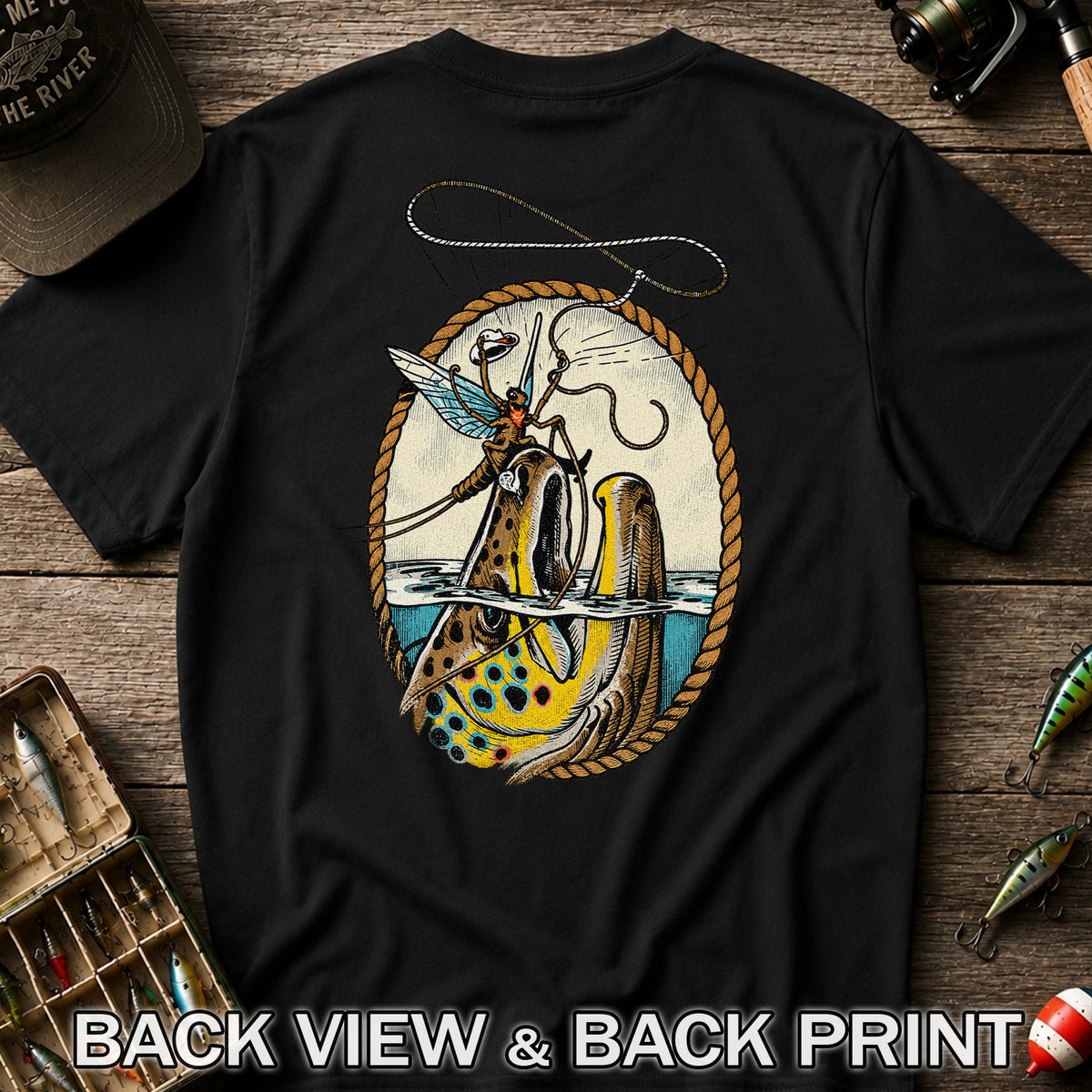 Cowboy Mayfly Riding a Trout Western Fly Fishing Graphic T-Shirt | Back Print