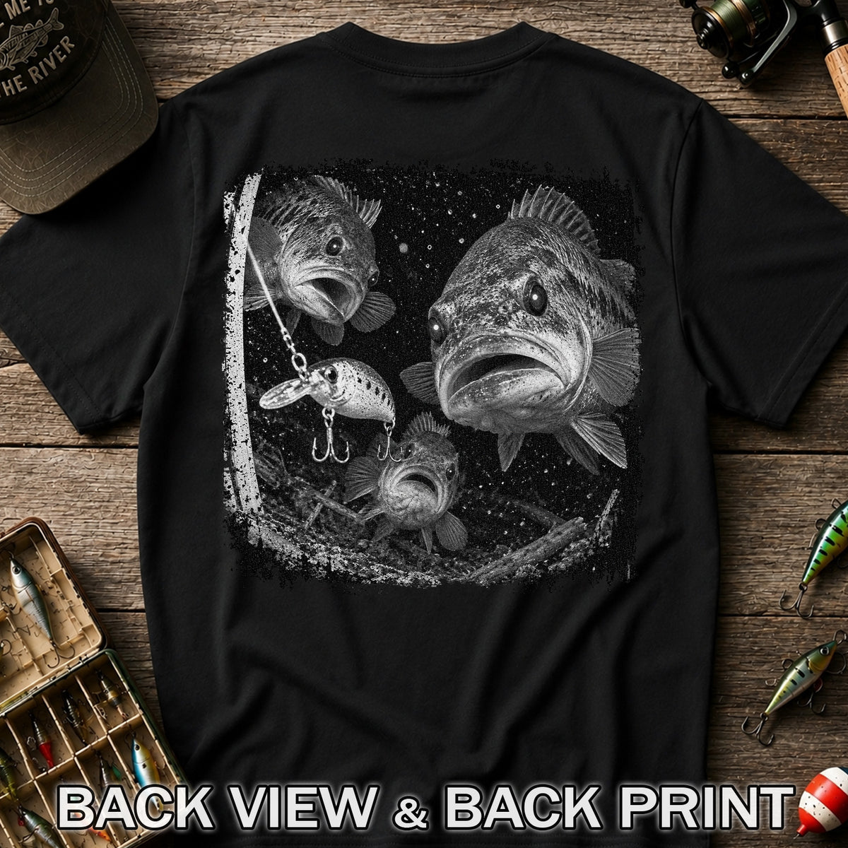 Vintage Bass Fishing Graphic T-Shirt with Underwater Fish Artwork | Back Print