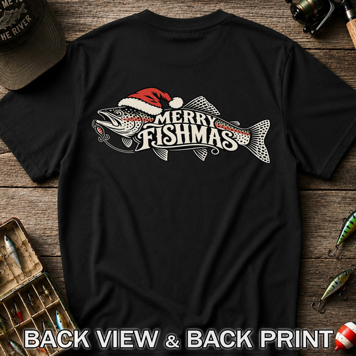 Merry Fishmas Rainbow Trout with Red Santa Hat and Lure Fishing T-Shirt | Back Print