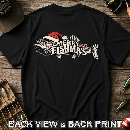 Merry Fishmas Rainbow Trout with Red Santa Hat and Lure Fishing T-Shirt | Back Print