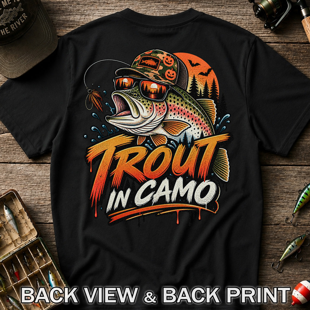 Trout in Camo Halloween Rainbow Trout Fishing Graphic T-Shirt | Back Print