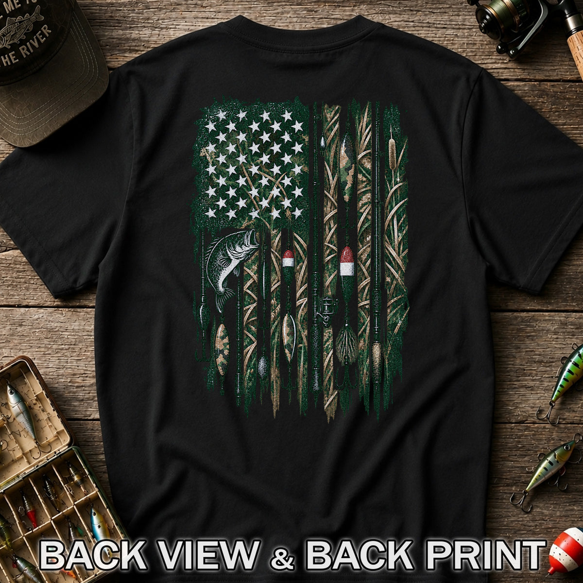 American Flag Bass Fishing Rods and Lures Graphic T-Shirt | Back Print