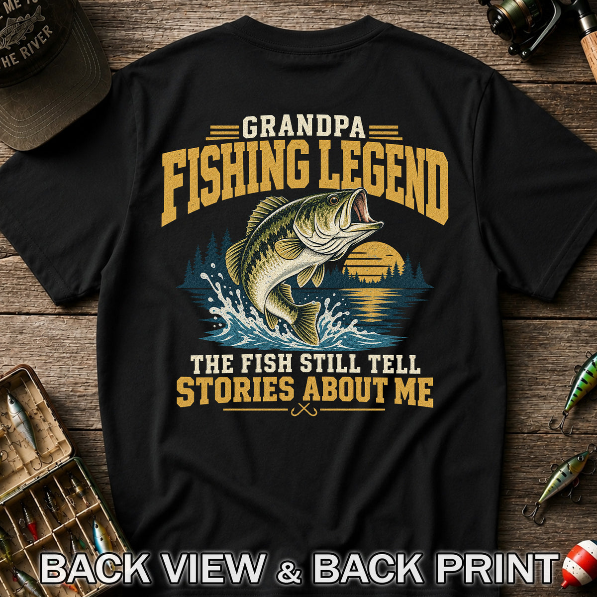 Grandpa Fishing Legend Jumping Bass Vintage Fishing T-Shirt | Back Print