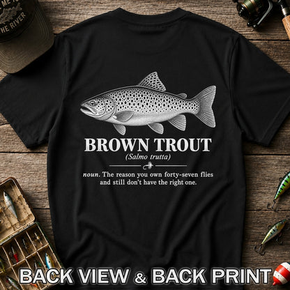 Brown Trout Forty-Seven Flies Funny Fly Fishing Graphic T-Shirt | Back Print