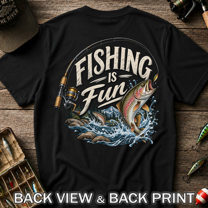 Fishing Is Fun Rainbow Trout and Mountain Graphic T-Shirt | Back Print