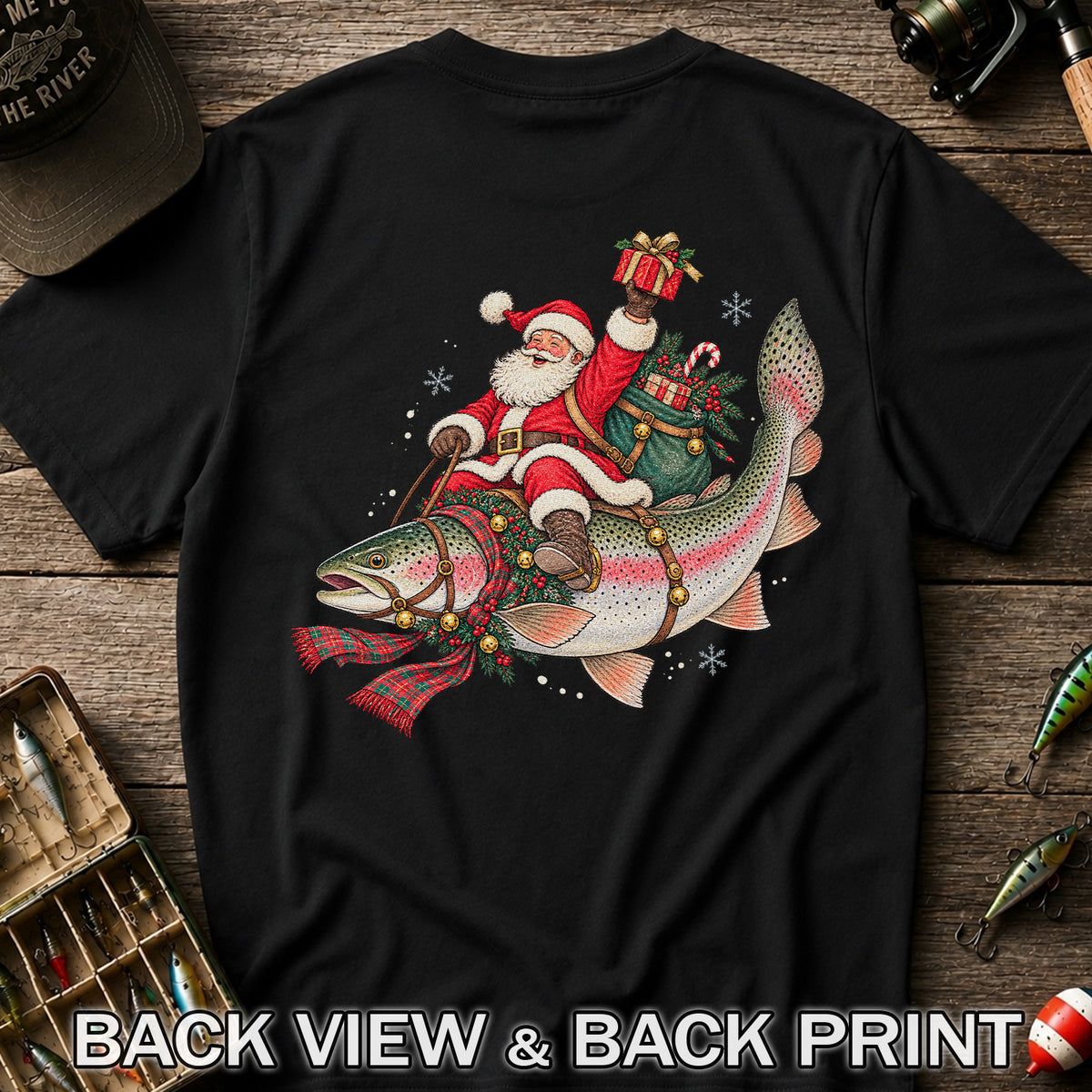 Santa Riding a Festive Rainbow Trout Christmas Fishing Graphic T-Shirt | Back Print
