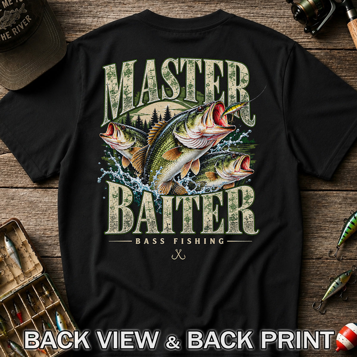 Master Baiter Bass Fishing Funny Vintage Graphic T-Shirt | Back Print