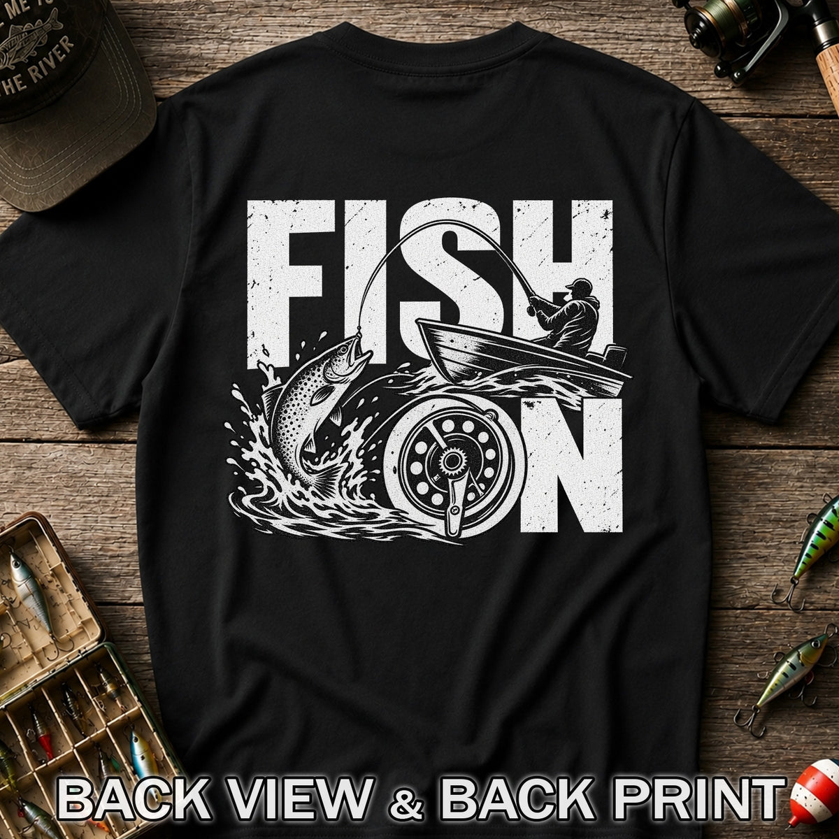 Fish On Jumping Trout and Fishing Boat Graphic T-Shirt | Back Print