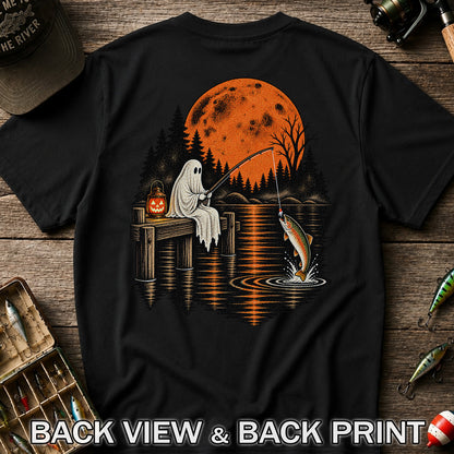 Ghost Fishing for Rainbow Trout Under an Orange Moon Halloween T-Shirt | Back Print