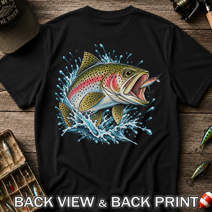 Rainbow Trout Striking a Fishing Lure Graphic T-Shirt | Back Print