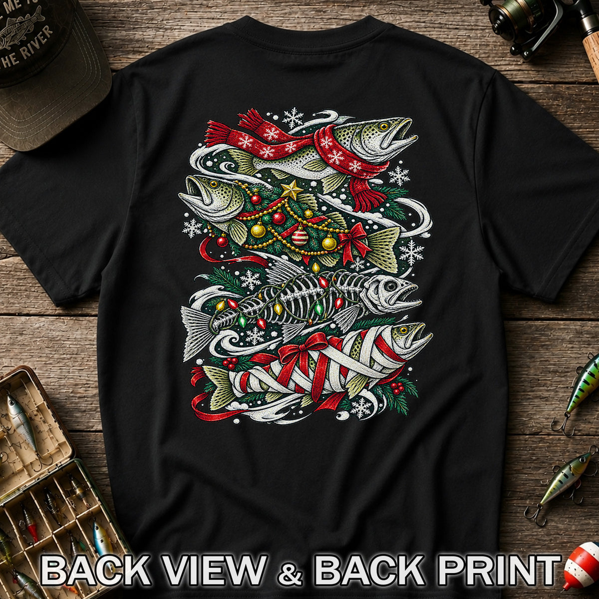 Christmas Trout and Fish Skeleton Holiday Fishing T-Shirt | Back Print