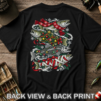 Christmas Trout and Fish Skeleton Holiday Fishing T-Shirt | Back Print