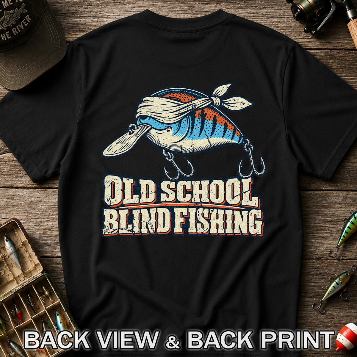 Old School Blind Fishing Blindfolded Lure Graphic T-Shirt | Back Print