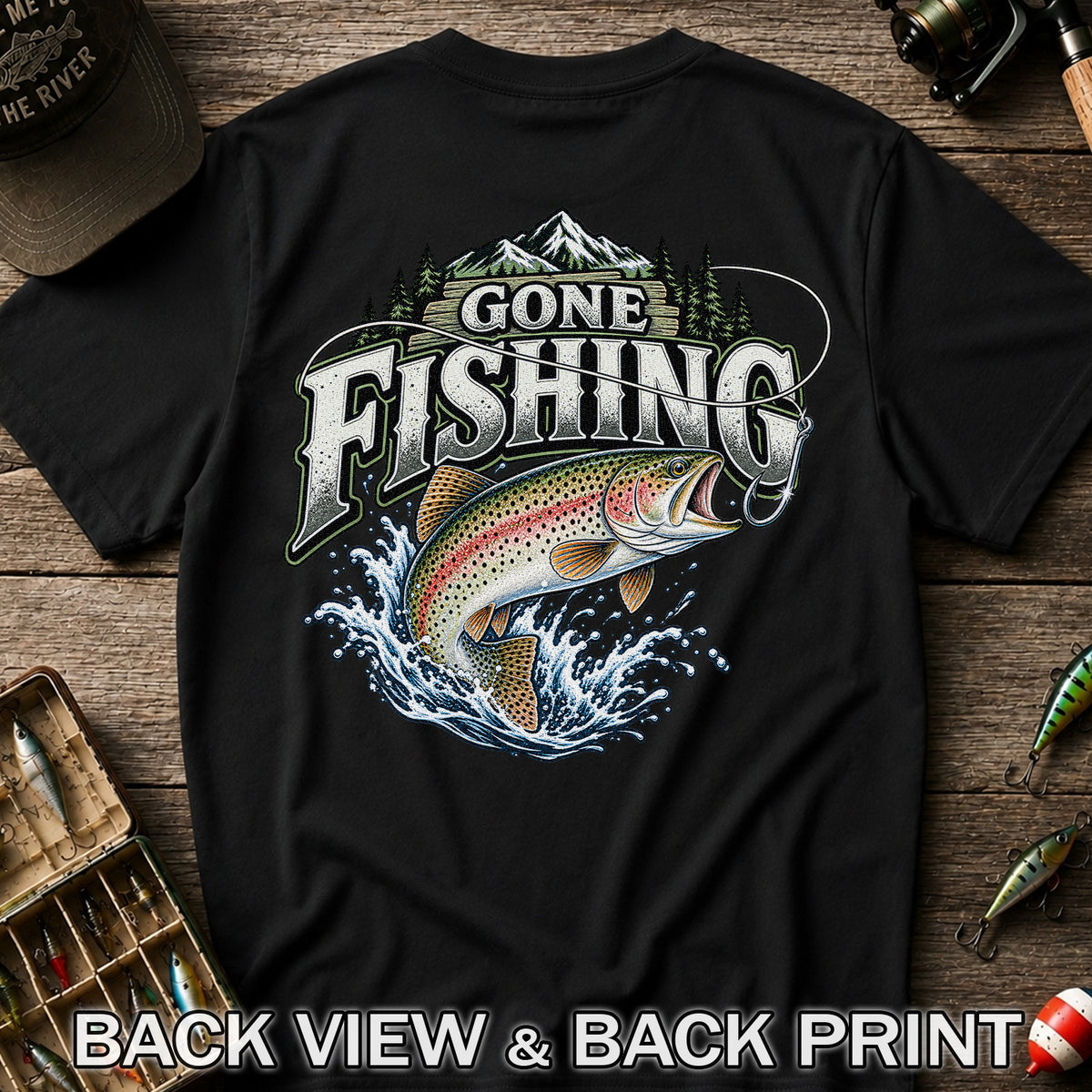 Gone Fishing Rainbow Trout and Mountains Graphic T-Shirt | Back Print