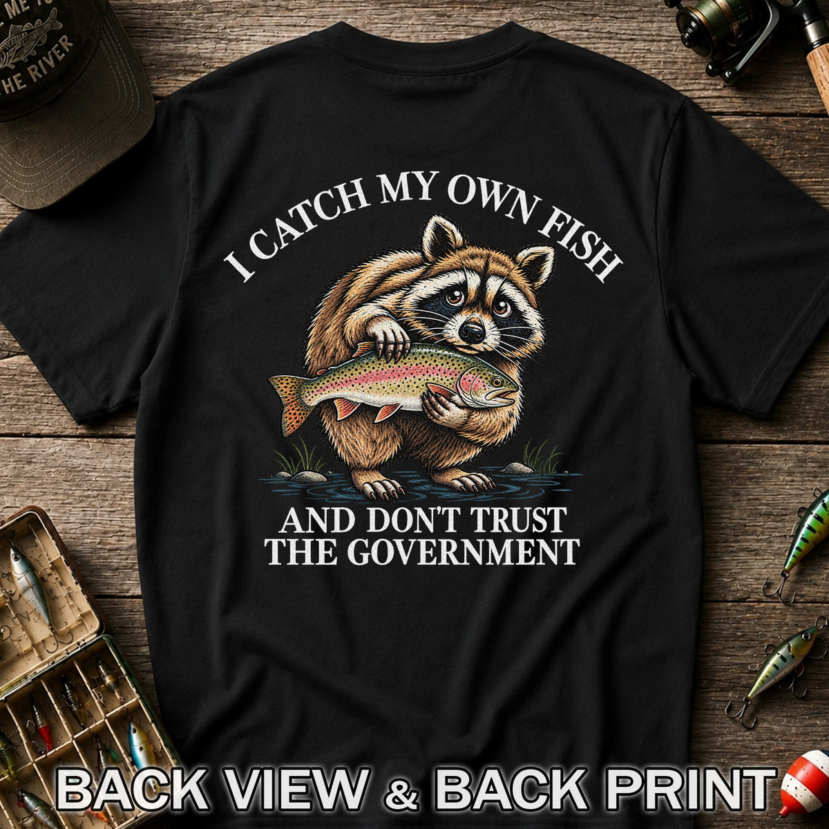 Raccoon Holding Rainbow Trout Fishing Graphic T-Shirt | Back Print