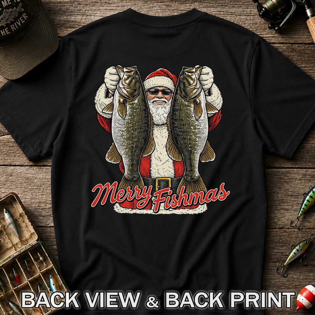 Santa Holding Bass Christmas Fishing Graphic T-Shirt | Back Print