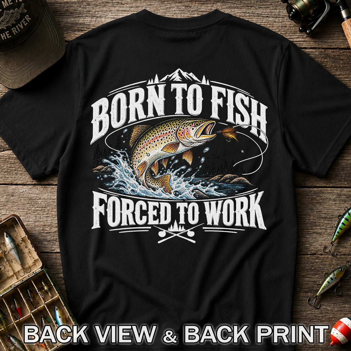 Brown Trout Mountain Lake Fishing Graphic T-Shirt | Back Print