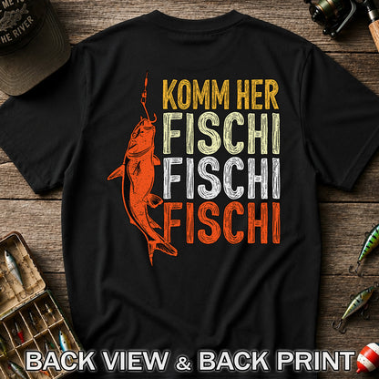 Komm Her Fischi Fischi Funny Catfish Fishing Graphic T-Shirt | Back Print