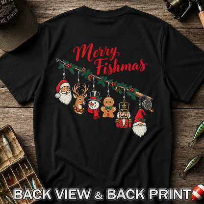 Christmas Fishing Rod Ornaments Holiday Graphic T-Shirt | Back Print