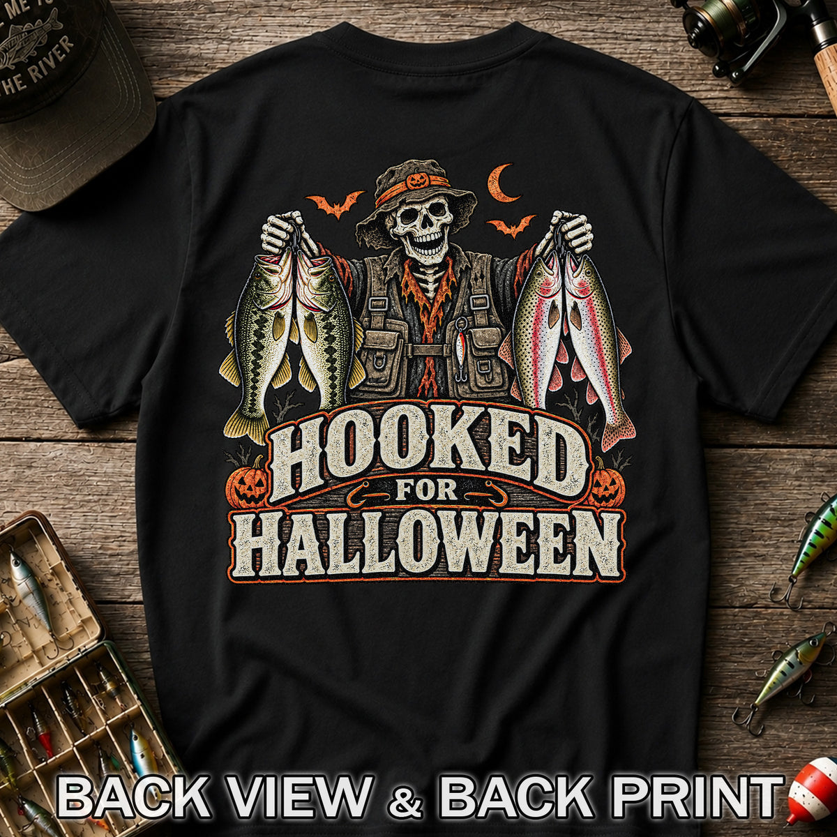 Hooked for Halloween Skeleton Angler with Bass and Trout Fishing T-Shirt | Back Print