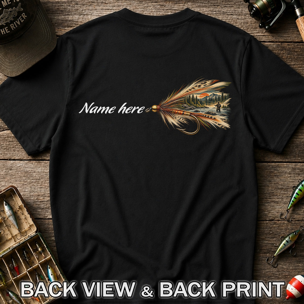 Personalized Fly Fishing Lure Name Graphic T-Shirt | Back Print
