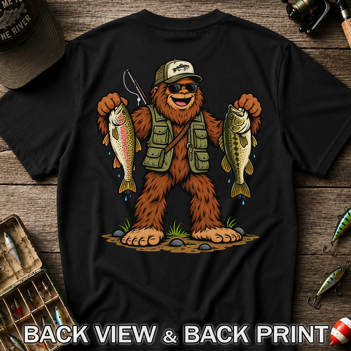 Bigfoot Holding Trout and Bass Fishing Graphic T-Shirt | Back Print