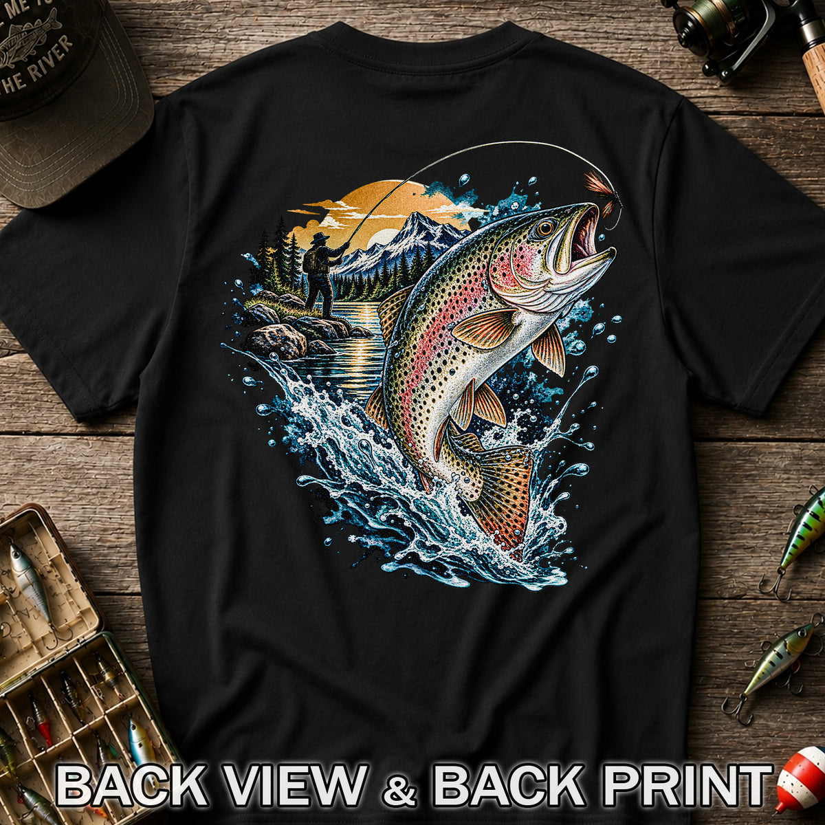 Leaping Rainbow Trout Mountain River Fly Fishing Graphic T-Shirt | Back Print
