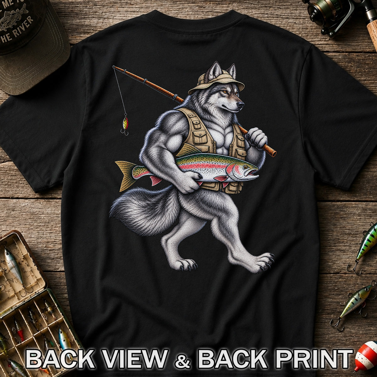 Wolf Angler Holding Rainbow Trout Fishing Graphic T-Shirt | Back Print