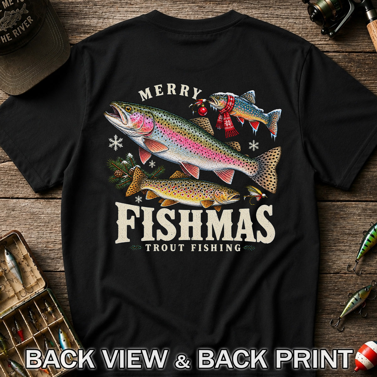 Merry Fishmas Trout Fishing Christmas Graphic T-Shirt | Back Print