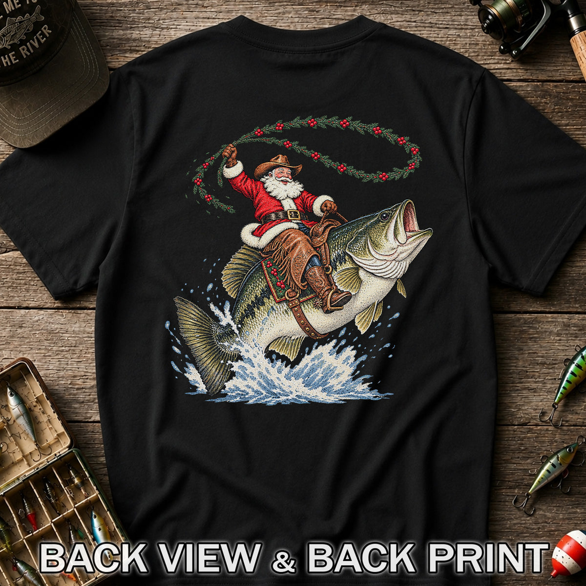 Cowboy Santa Riding a Jumping Bass Christmas Fishing Graphic T-Shirt | Back Print
